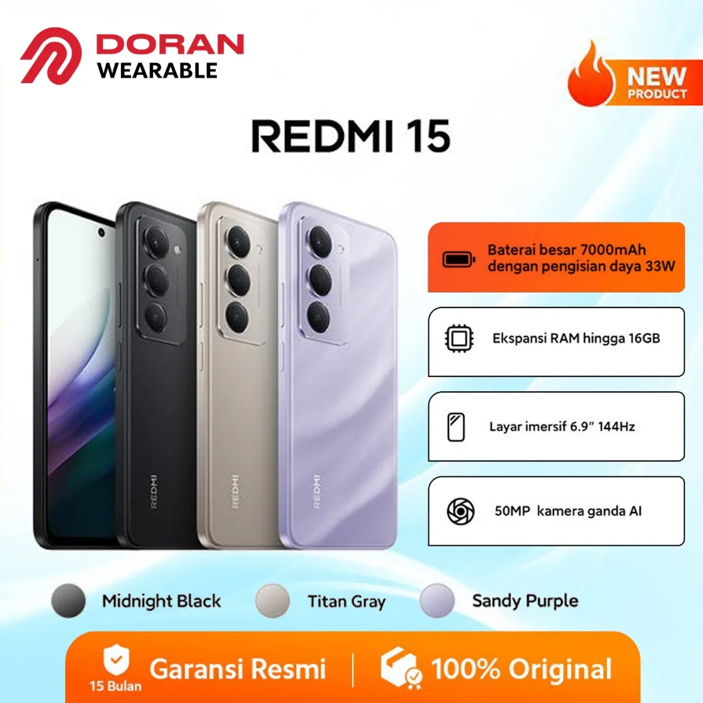 Xiaomi Redmi 15 (8GB-128GB) (8GB-256GB) Baterai Besar 7000mAh Dengan Pengisian Daya 33W Ekspansi RAM Hingga 16GB Layar Imersif 6.9 144Hz 50MP Kamera Ganda AI