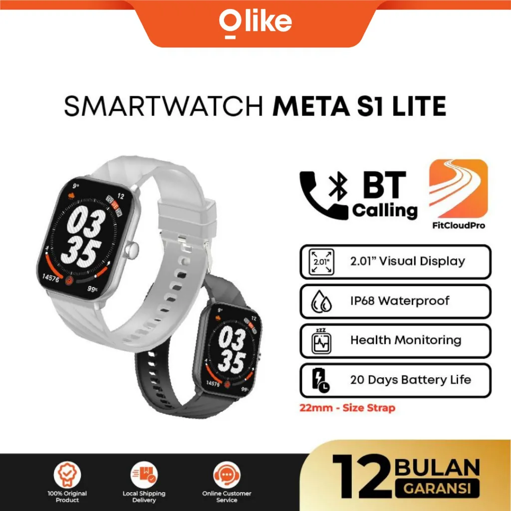 OLIKE Smartwatch META S1 Lite HD Battery Up to 20 Day, Screen Custom Face, Waterproof IP68 | Smart watch Bluetooth Call | Jam Tangan Sport 100+ Mode, Health & Sleep Monitoring
