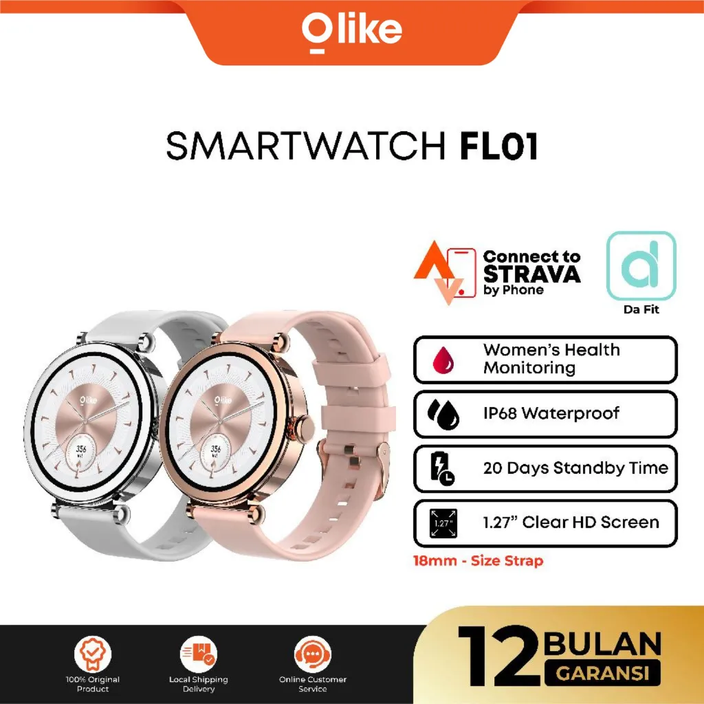 OLIKE Smartwatch FL01 HD Display 1.27 Inch Full Metal Frame Strap 18mm | Smart Watch Wanita Bluetooth Call | Water Resistant IP68 Running Pace | 100 Mode Olahraga Sleep & Health Monitor  - Garansi 1 Tahun