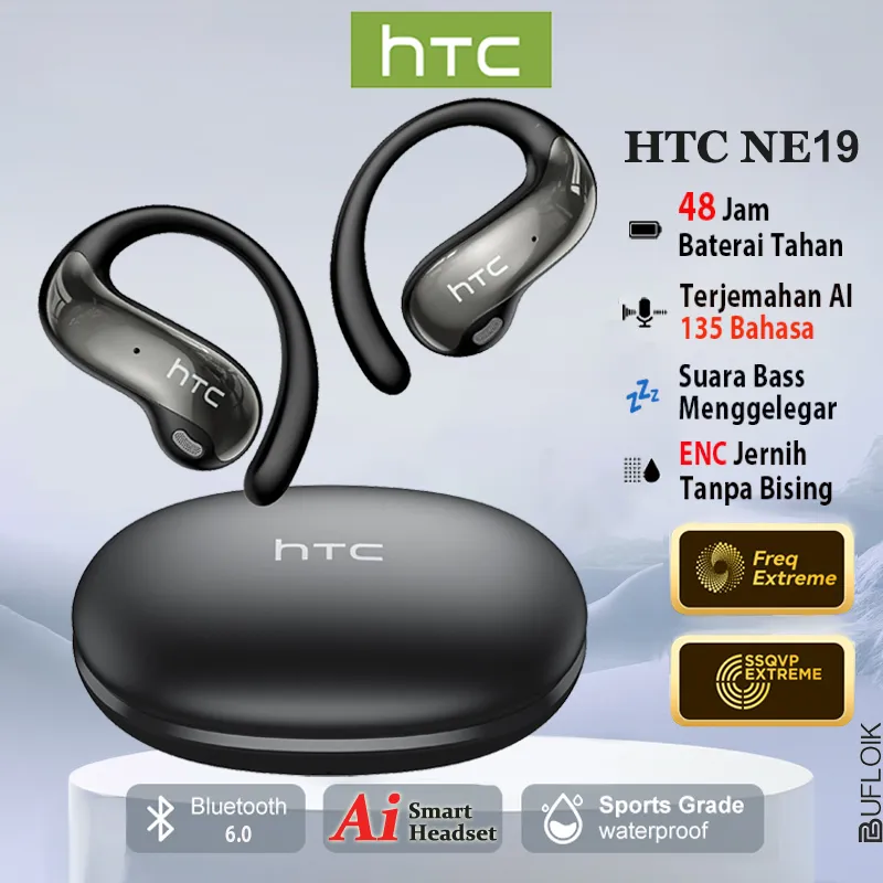HTC NE19 OWS Headset Bluetooth | AI Terjemahan Real-time Mendukung | ENC Peredam Kebisingan Pintar TWS Sports Headphones