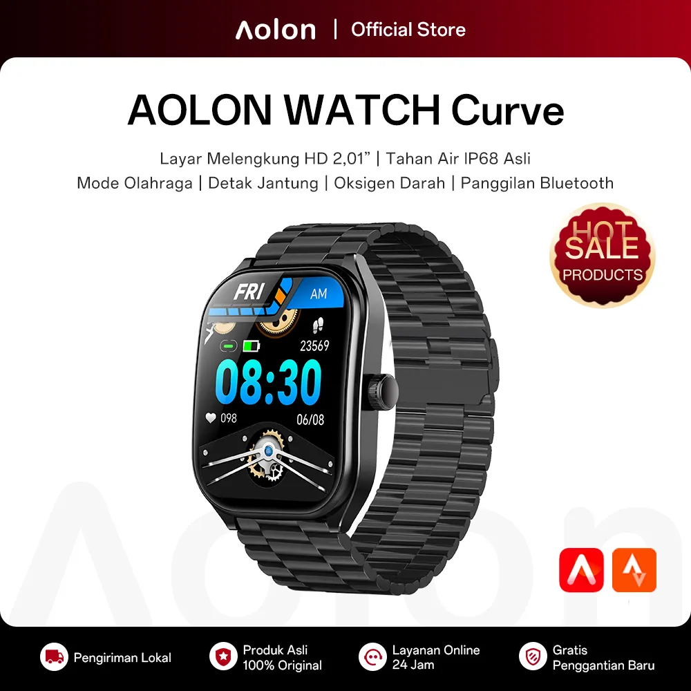 Aolon Curve Jam Smartwatch Original IP68 Waterproof 2.01-inch Curved IPS Screen Bluetooth Call Running Pace Custom Wallpaper Smart Watch Pria Health Monitoring