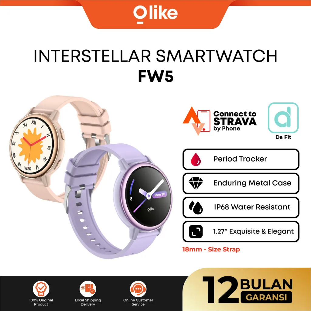 OLIKE Smartwatch FW5 Strava Connected Jam Tangan Wanita 1.27 Inch Slim Bluetooth Call Custome Watch Face 100+ Mode Olahraga Women Healty Management