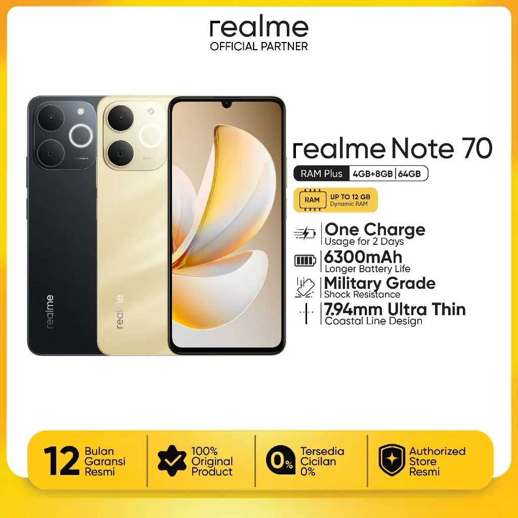 realme Note 70 4GB+8GB*|64GB (6300mAh Battery | Military Grade Shock Resistance | 7.94mm ultra tipis | Pulse Light)