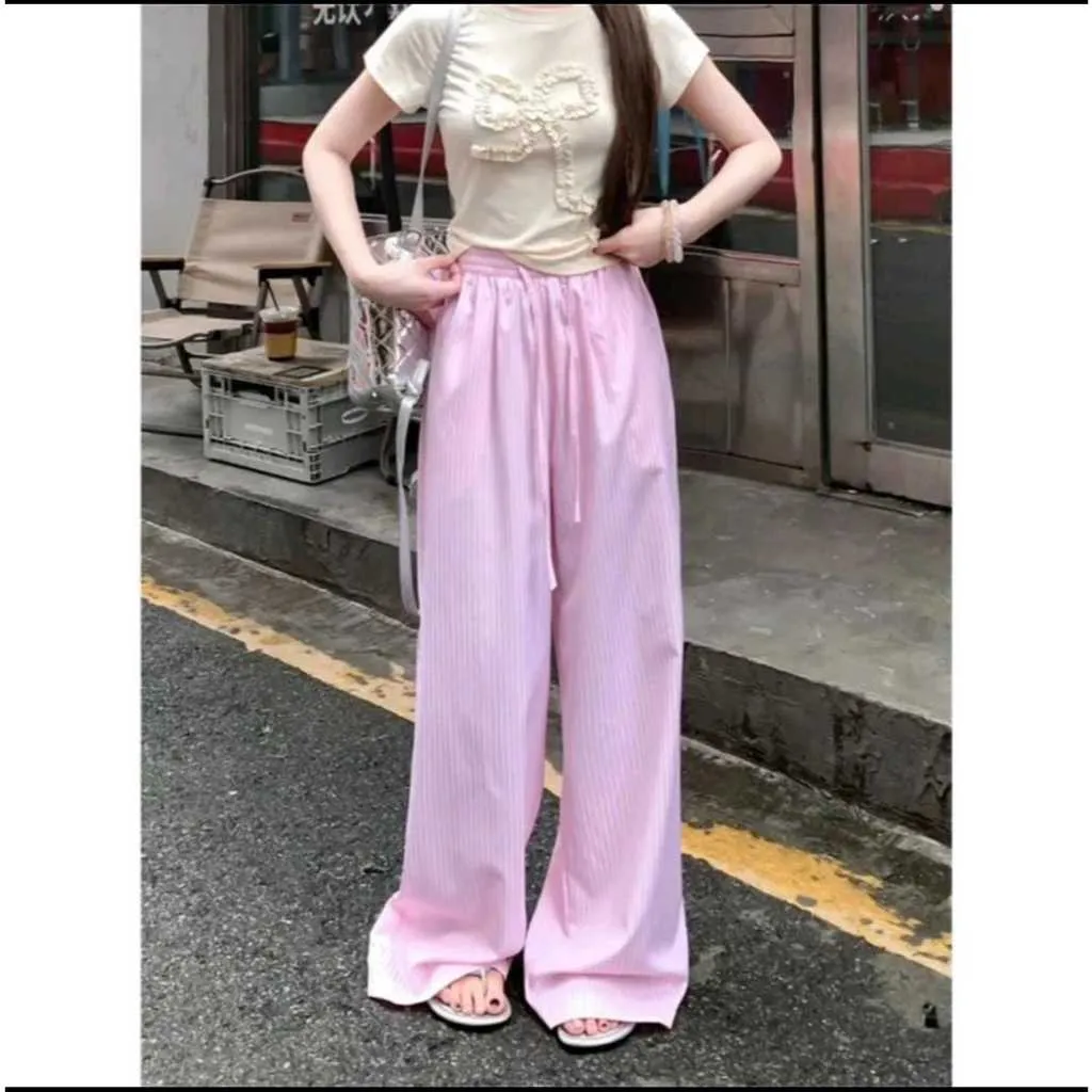 Celana Panjang Wanita Kekinian Celana Garis Garis Wanita Higwaist Terbaru Kulot Strip Pants