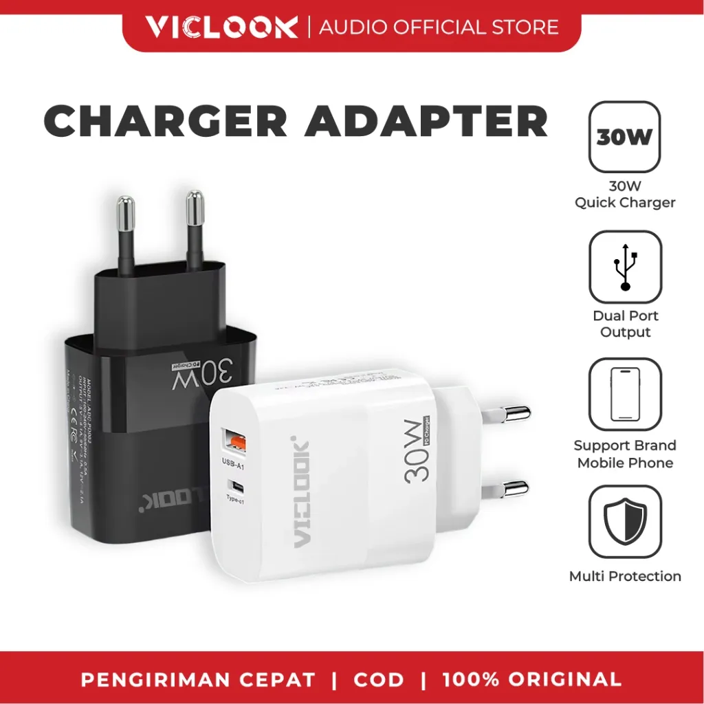 VICLOOK Charger Adapter 30W Fast Charging Dual Port USB A & Type-C Asli - Fit iPhone/Samsung/Xiaomi/OPPO