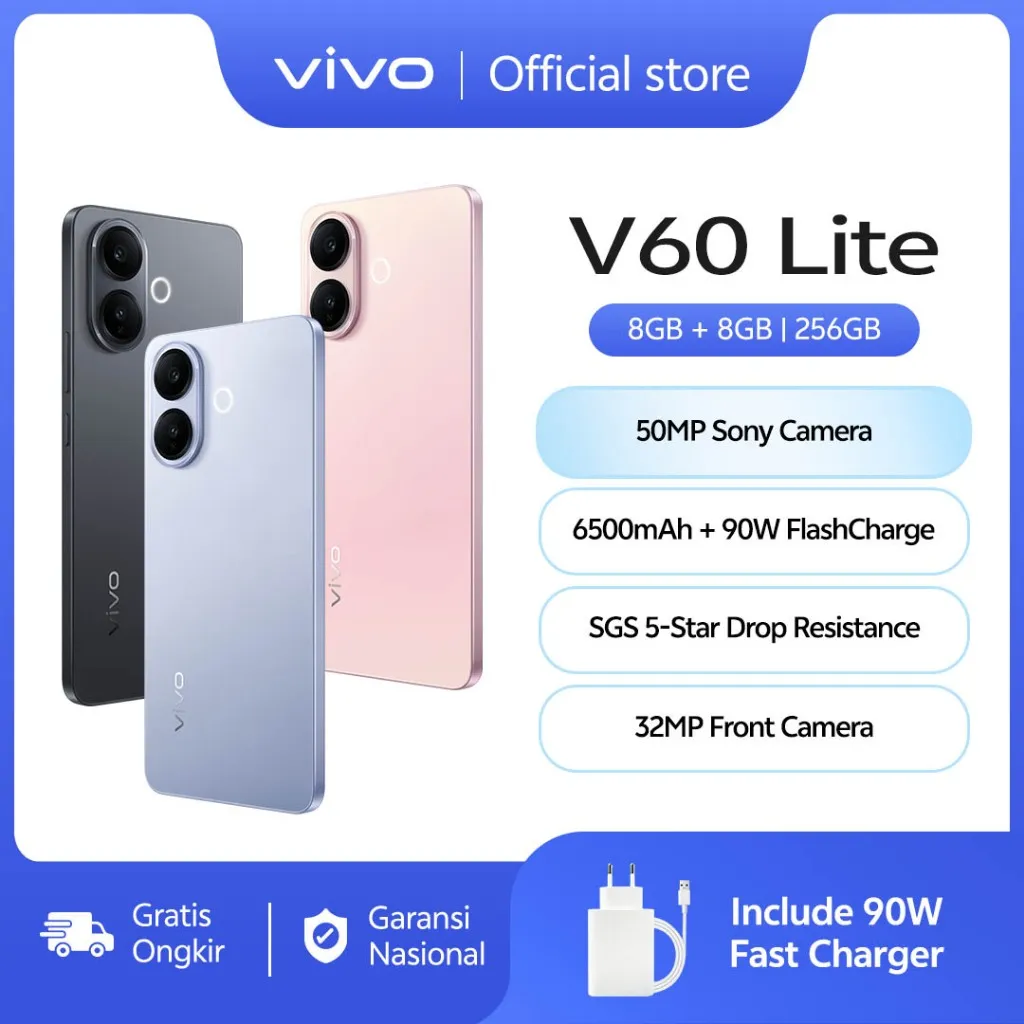 [NEW LAUNCH] vivo V60 Lite 4G (8/256) 50MP Sony Camera, 6500 mAh + 90W FlashCharge, Bypass Charging, AI Four-Seasons, SGS 5-Star Drop Resistance