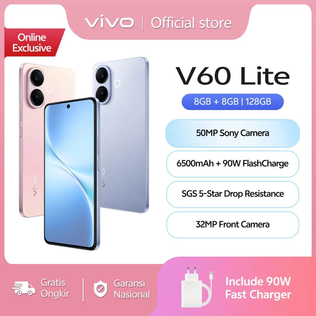 [SPECIAL LIVESTREAM] vivo V60 Lite 4G (8/128) 50MP Sony Camera, 6500 mAh + 90W FlashCharge, Bypass Charging, AI Four-Seasons, SGS 5-Star Drop Resistance