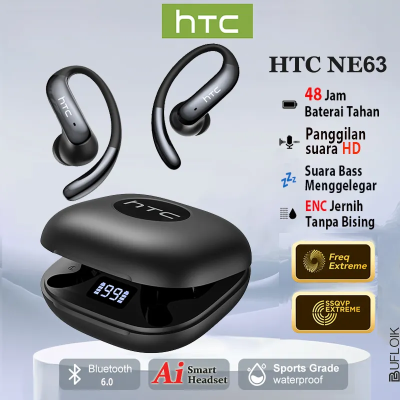 HTC NE63 OWS AI Headset Bluetooth 6.0 Sport Translation Earbuds Layar LED TWS Headphone Noise Reduction HiFi Bass Stereo Wireless Gaming Headset