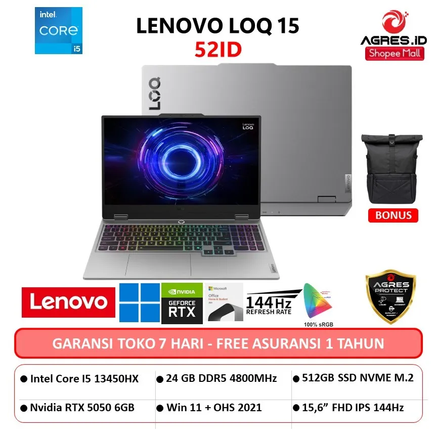 LENOVO LOQ 15 Intel i5 13450HX RTX5050 8GB -16GB 512GB Win11+OHS+M365B 15.6"FHD 144Hz 100sRGB 2Year+ADP