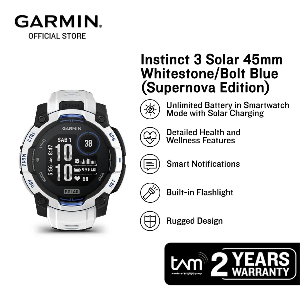 Garmin Instinct 3 Solar 45mm - Whitestone/Bolt Blue (Supernova Edition)
