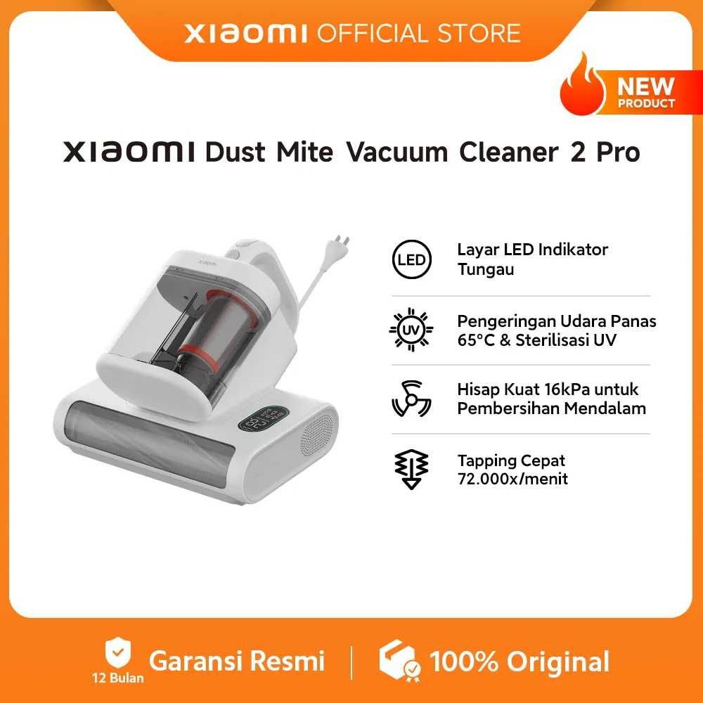 Xiaomi Dust Mite Vacuum Cleaner 2 Pro | Layar LED Indikator Tungau | Pengeringan Udara Panas 65°C & Sterilisasi UV | Hisap Kuat 16kPa untuk Pembersihan Mendalam | Tapping Cepat 72.000x/menit [Official Store]