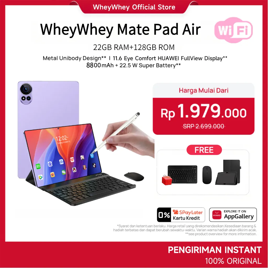 [Free+Keyboard Mouse] Wheywhey Tablet MatePad Air WiFI IPS 11.6"(22GB/128GB) Android 15 | Tablet Murah untuk Belajar,Gaming, Kerja & Hiburan | IPS Full Screen | Android 15 | Garansi 1 Tahun