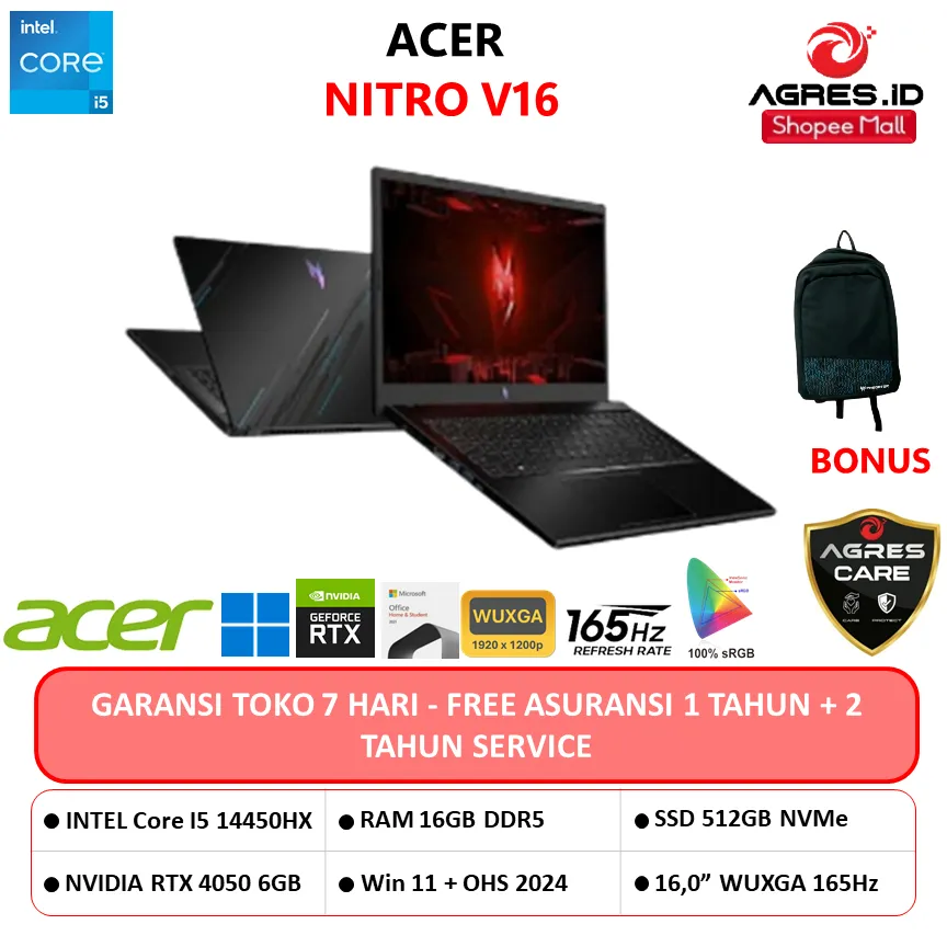 ACER NITRO V 16 I5 14450HX RTX4050 6GB/ 16GB 512GB W11+OHS 16.0WUXGA IPS 165HZ 100SRGB 2Y BLK -71.50MN