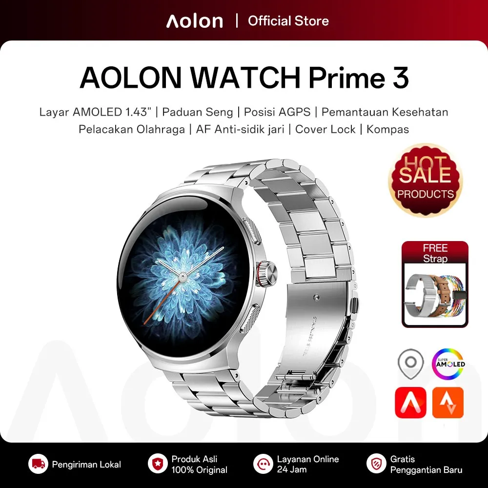 Aolon Prime 3 Jam Smartwatch 1.43-inci Amoled AOD Cover Lock Metal Case Bluetooth Call 100+ Sports