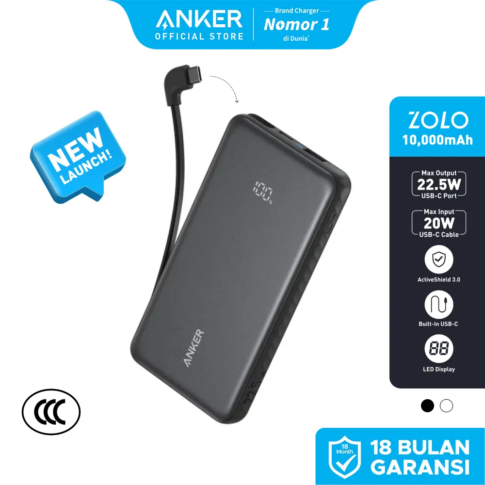Anker Zolo Portable Power Bank 10,000mAh 3 ports with Built-in Type-C Cable Type-A port 22.5W Fast Charging PD PPS, Pass Through Charging, Compatible for iPhone, Samsung - A110D