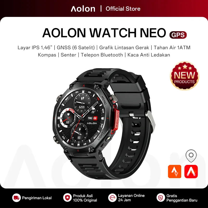 [NEW] Aolon NEO Smartwatch GPS Map 1.46" IPS GNSS Tahan Air 1ATM Olahraga Kompas Senter Telepon Bluetooth Monitoring Kesehatan
