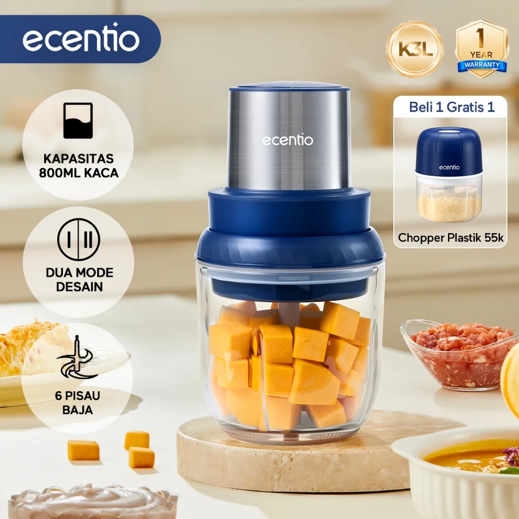 ecentio Blender MPASI Kaca Tahan Pecah 800ml 6 Pisau Kapasitas 2 Speed Mutli Guna Food Processor Giling Daging Garansi 1 Tahun