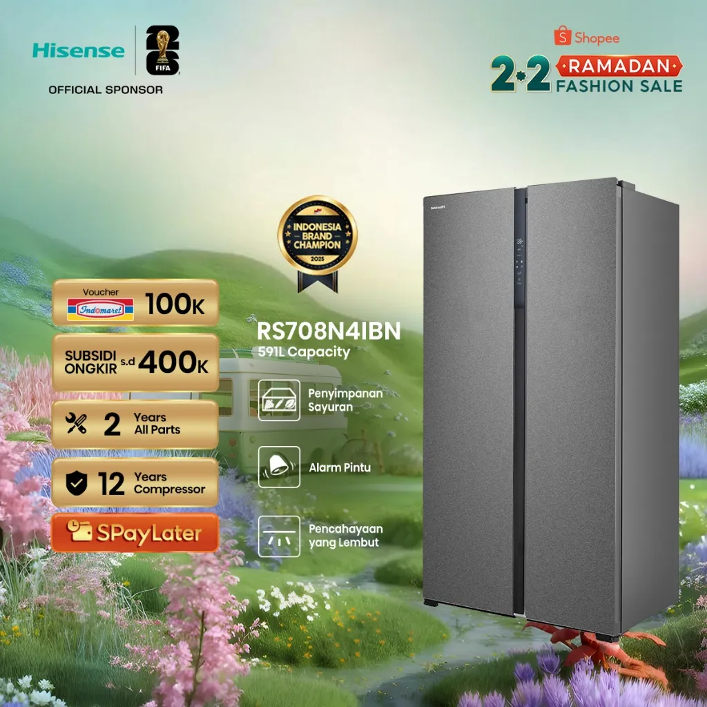 Hisense Kulkas RS708N4IBN Refrigerator Side By Side Kapasitas 591L Warna Hitam Inverter Tanpa Bunga Es Multi Air Flow Metal Door Anti Bacteria Purify Interior LED Lighting Super Freeze Holiday Mode Dual Ech Cooling
