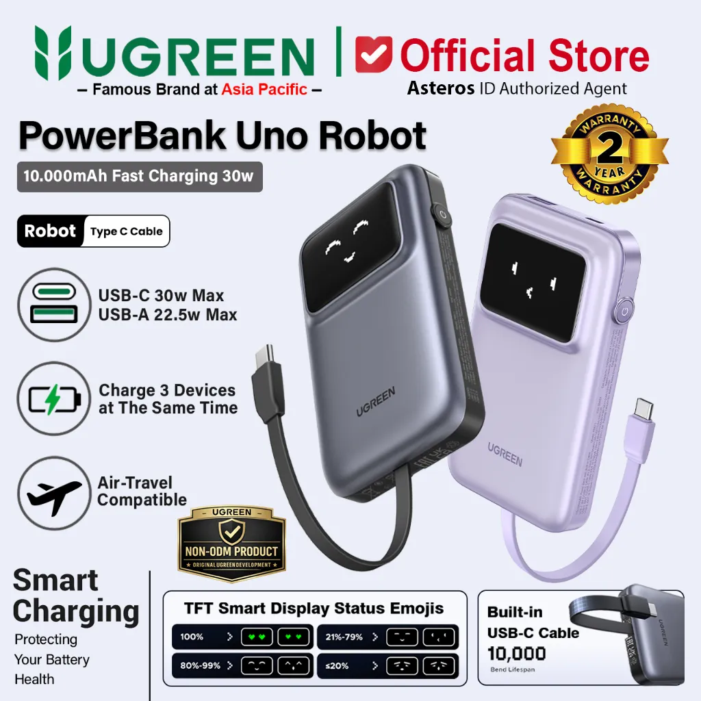 UGREEN UNO Robot Power Bank 10.000mAh PD Fast Charging 30W Built-In Type-C Cable