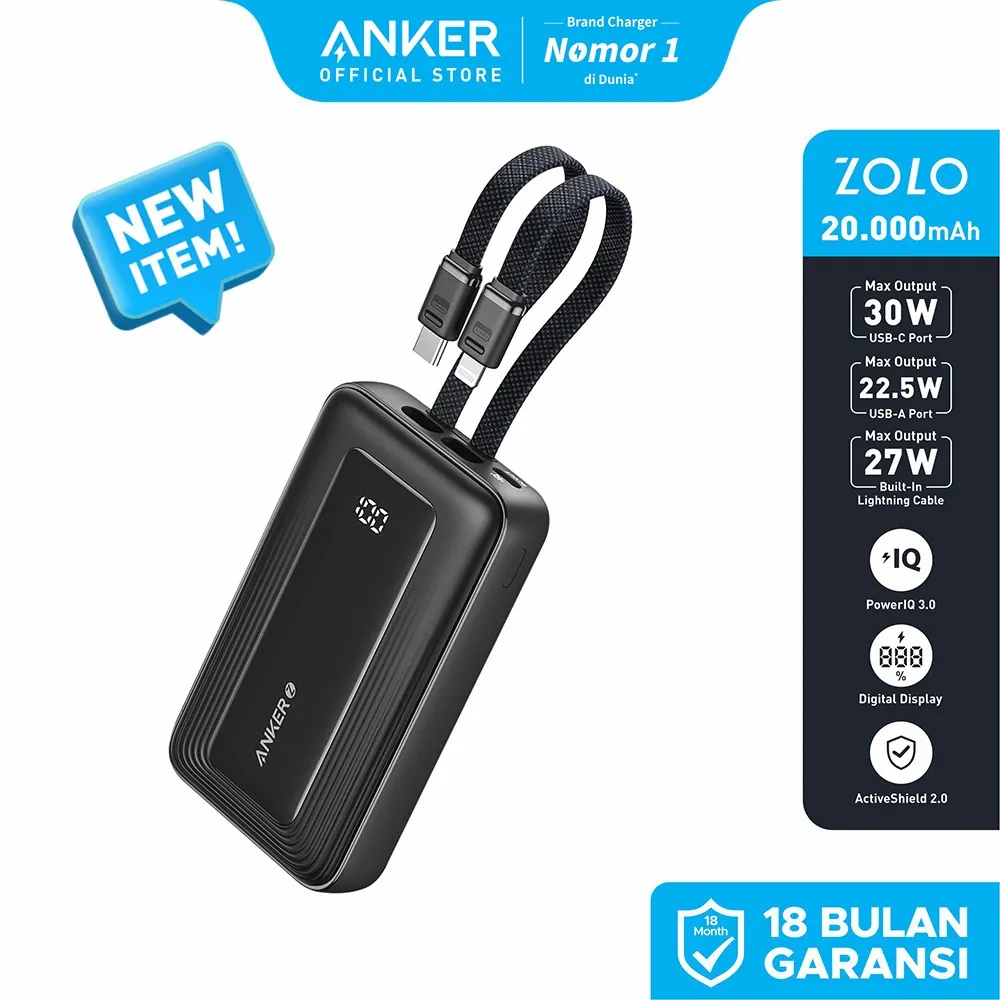 Anker Zolo Power Bank 20.000mAh 30W Max Fast Portable Charger with Built-in USB-C and MFi Certified Lightning Cables - A1681