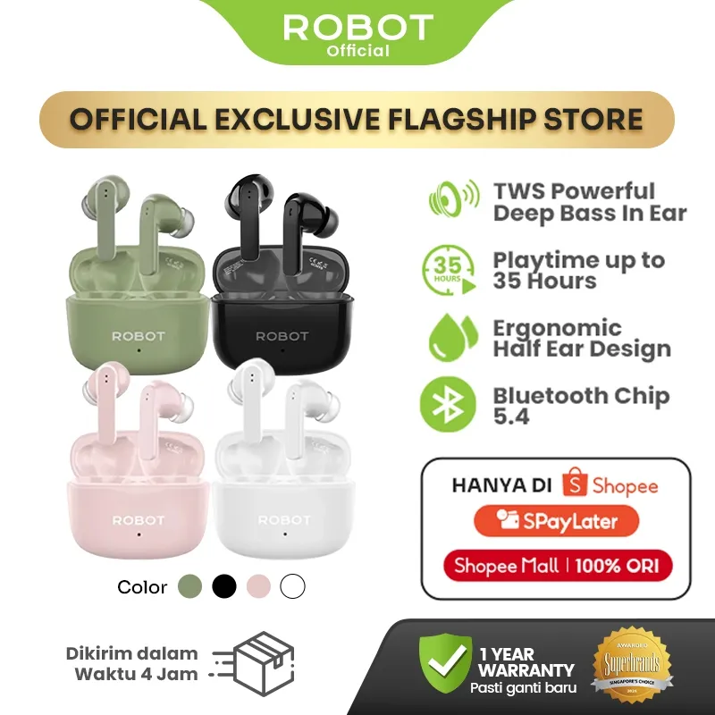 ROBOT TWS Earphone Bluetooth 5.4 Deep Bass 30+6H Playtime Ergonomic Design Original T70E Garansi 1 Tahun