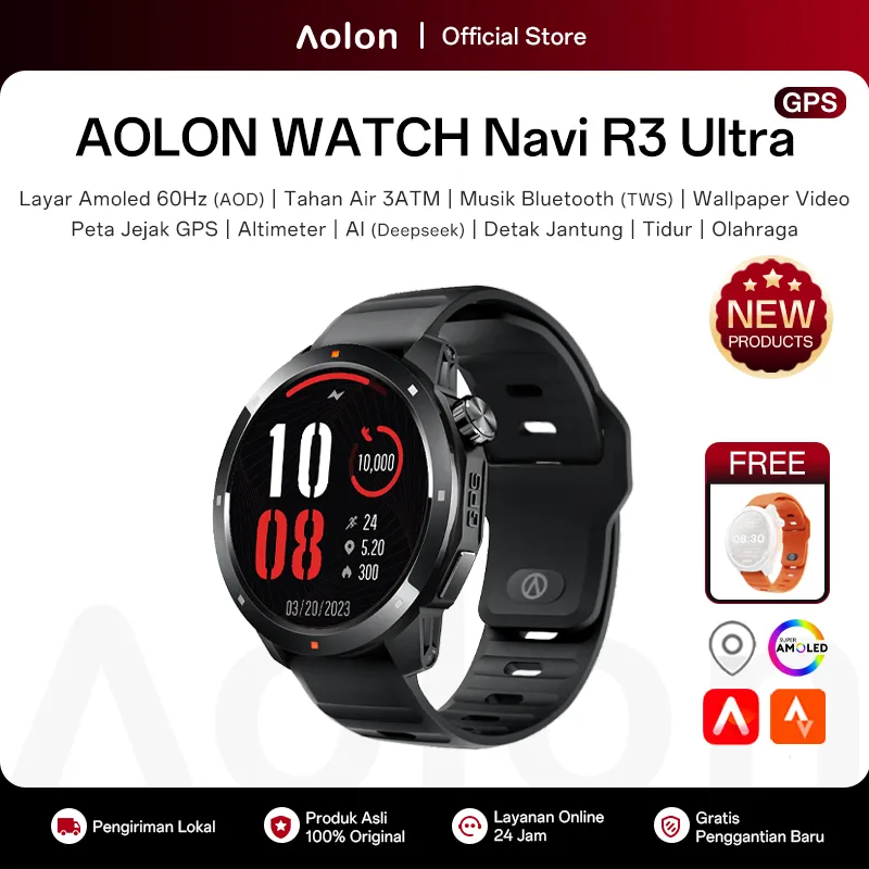 [New GPS] Aolon Navi R3 Ultra Jam Tangan Smartwatch GPS 46mm Amoled 60Hz Tahan Air 3ATM Musik Bluetooth TWS Wallpaper Video Deepseek AI 100+ Olahraga Berenang Smart Watch Pria