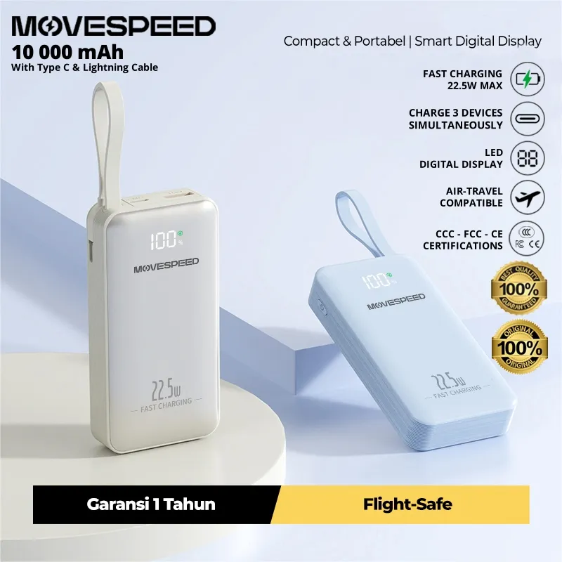 CCC Certification MoveSpeed GH-669 Powerbank 10000mAh Super Fast Charge 22.5W/20W PD SCP 3 Output Travel Friendly Lanyard Stylish Kabel Internal Garansi 1 Tahun Flight Safe
