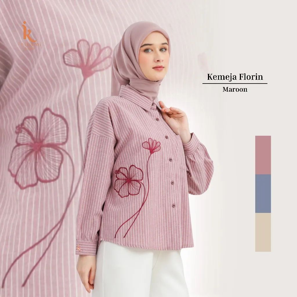 Baju Wanita - Kemeja Florin Salur Oversized Flower Embroidery By Inikami Hijab