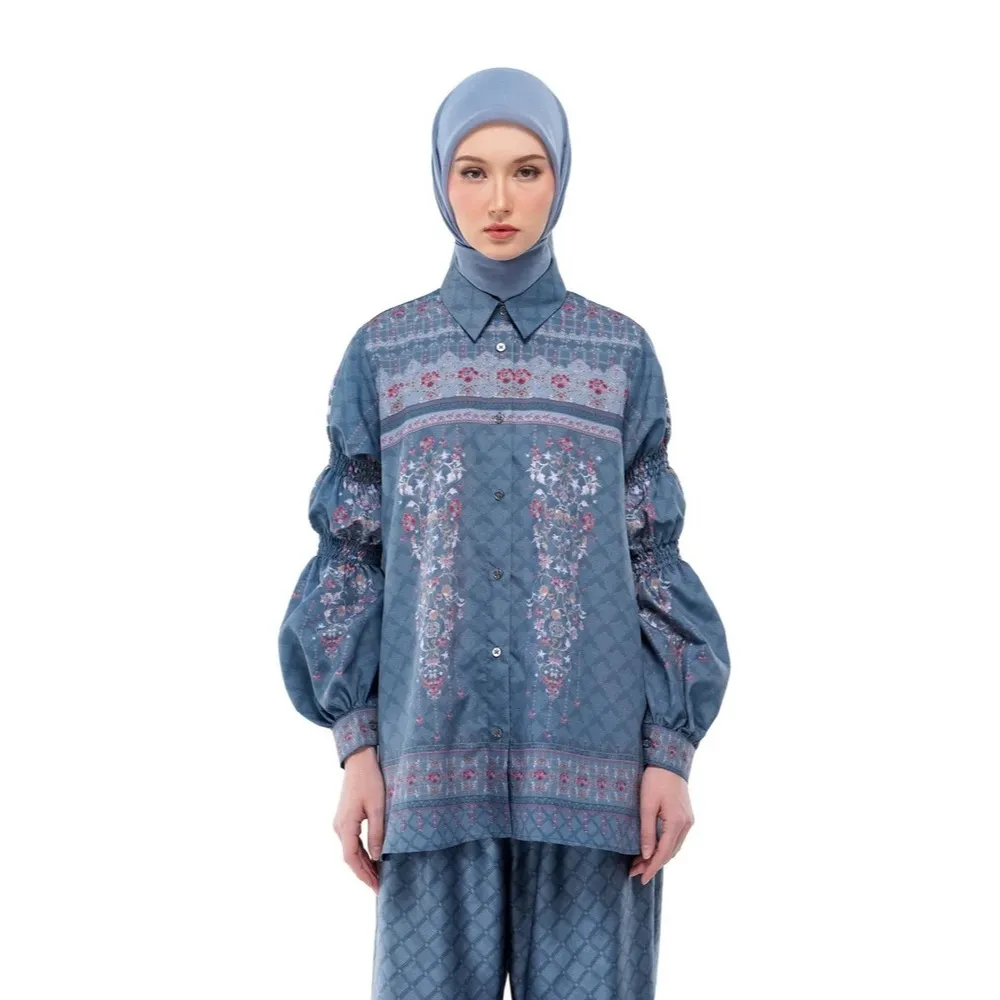 NADA PUSPITA - Raudhah Raya Smock Sleeve Shirt (Denim & Pink) / Kemeja Denim Wanita