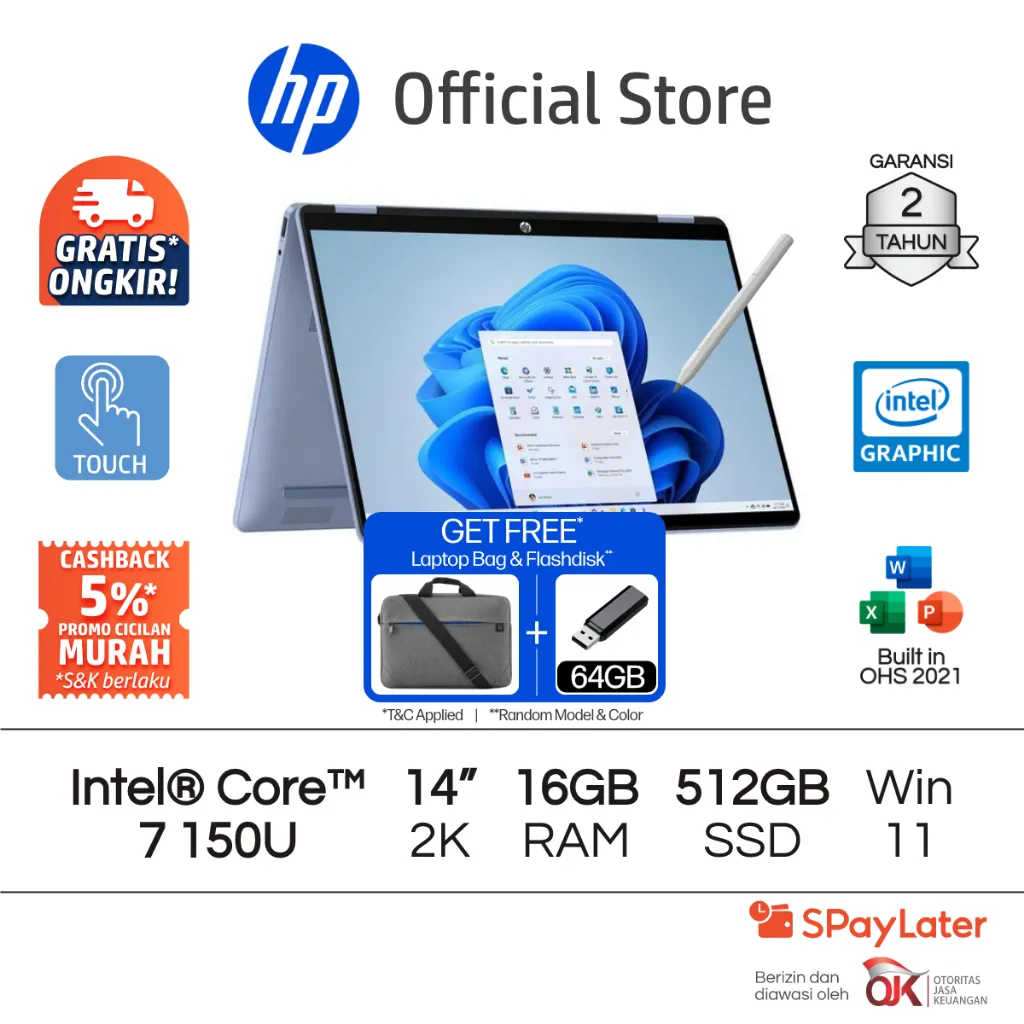 Laptop HP Pavilion x360 2 in 1 - OmniBook 5 Flip [NEW] Intel Core 7 UHD 16GB RAM 512GB SSD Silver / Blue Free Windows 11 Home 14 Inch Garansi 2 Tahun Promo Murah Gratis Ongkir Official Non Second