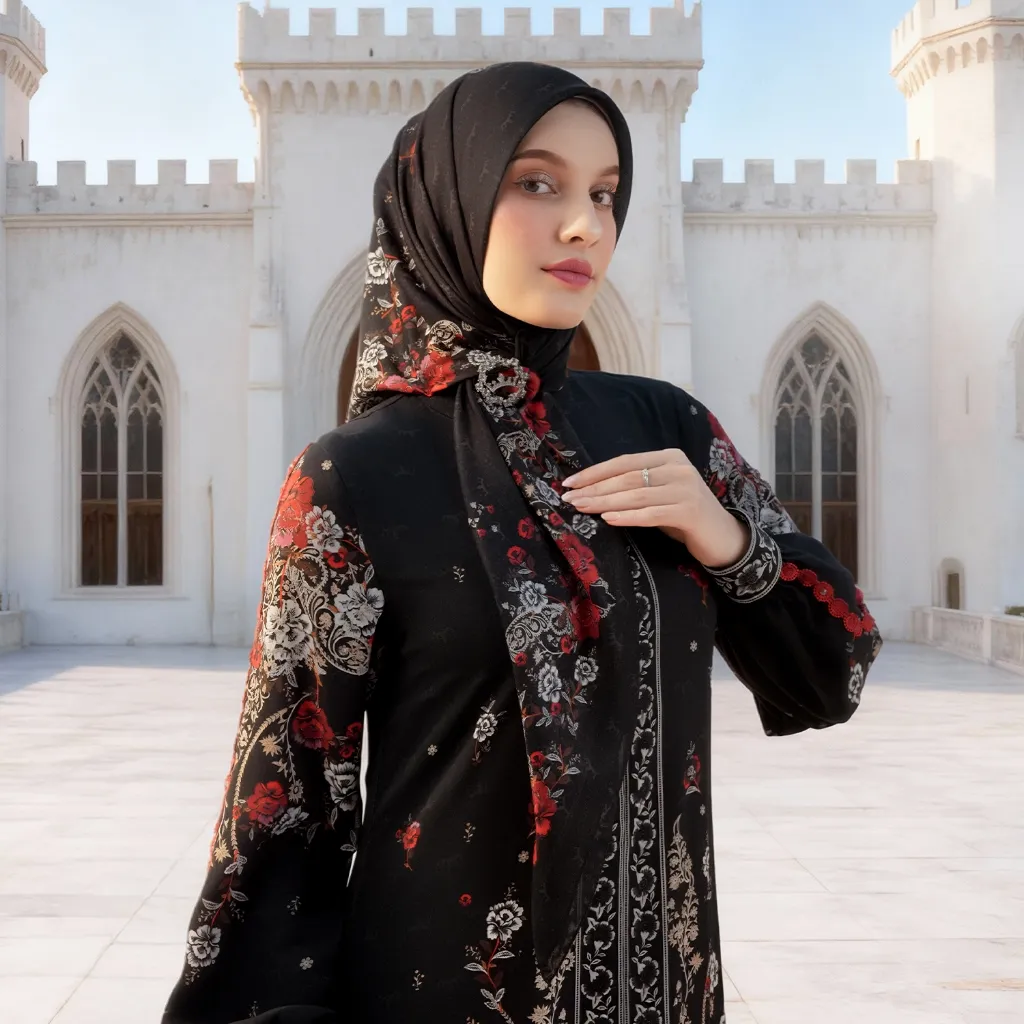 MANDJHA Ravelle Black Scarf Raya By IVAN GUNAWAN - Jilbab Hijab Segi Empat Motif ORIGINAL MANDJHA