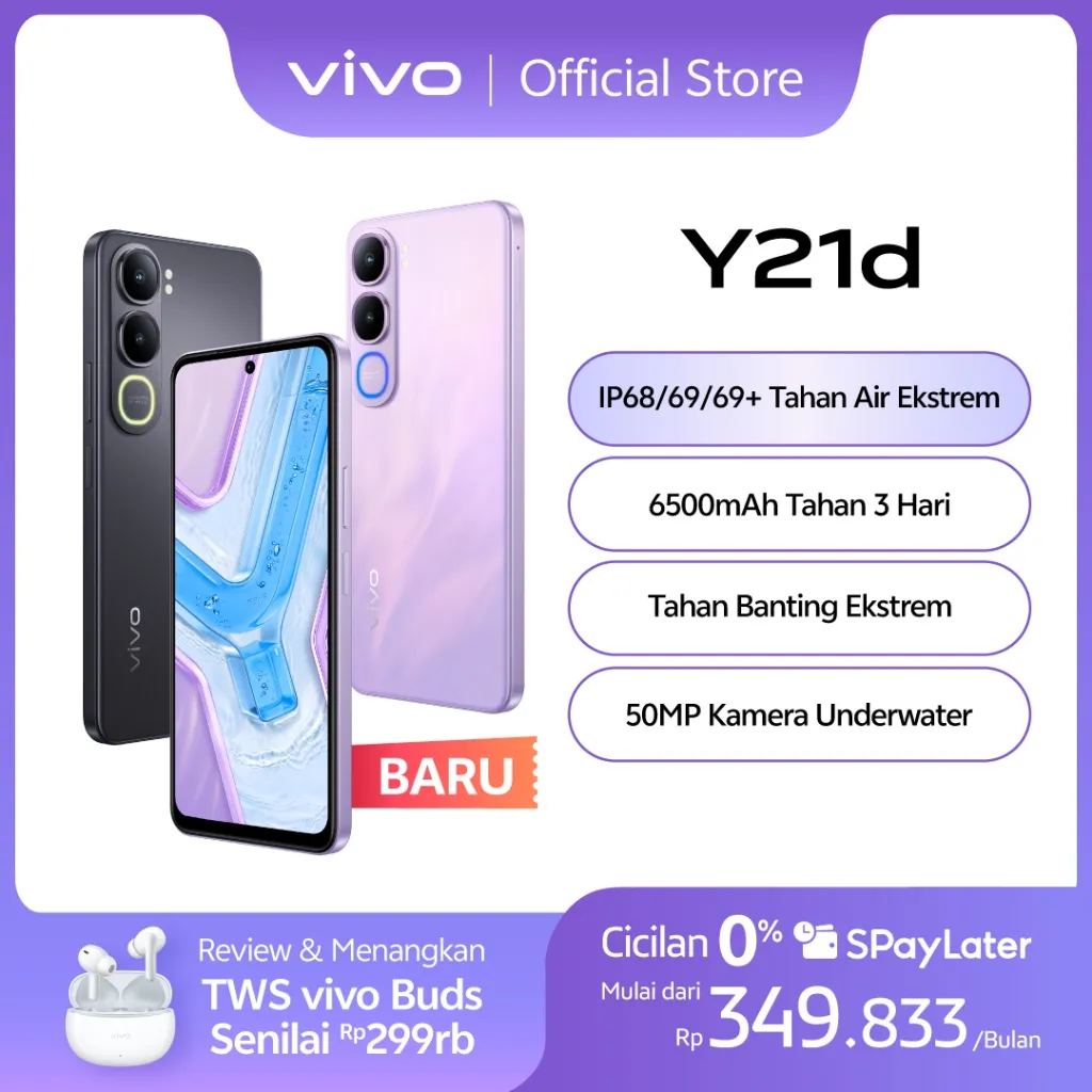 vivo Y21d - IP68/69/69+ Tahan Air Ekstrem, 6500mAh Tahan 3 Hari, Tahan Banting Ekstrem, 50MP Kamera Underwater, Dual Stereo Speaker + 400% Audio