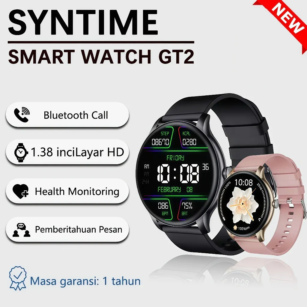 SYNTIME Smart watch GT2 Sangat TipisOriginal 1.38 inch Amoled lP68 Rate Waterproof Uitra-thinKecepatan Berlari Detak Jantung TidurBluetooth Telepon Smart Watch Priawanita Custom Wallipaper Smart Watch