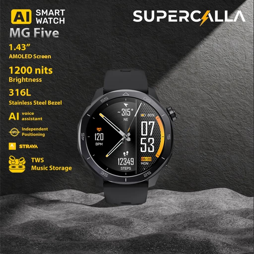 SUPERCALLA MG Five AI Voice Assistant Smartwatch | GPS Independent | AMOLED 1.43 Inch | Call & Music TWS | Music Storage | Outdoor Sports | Bluetooth Call |