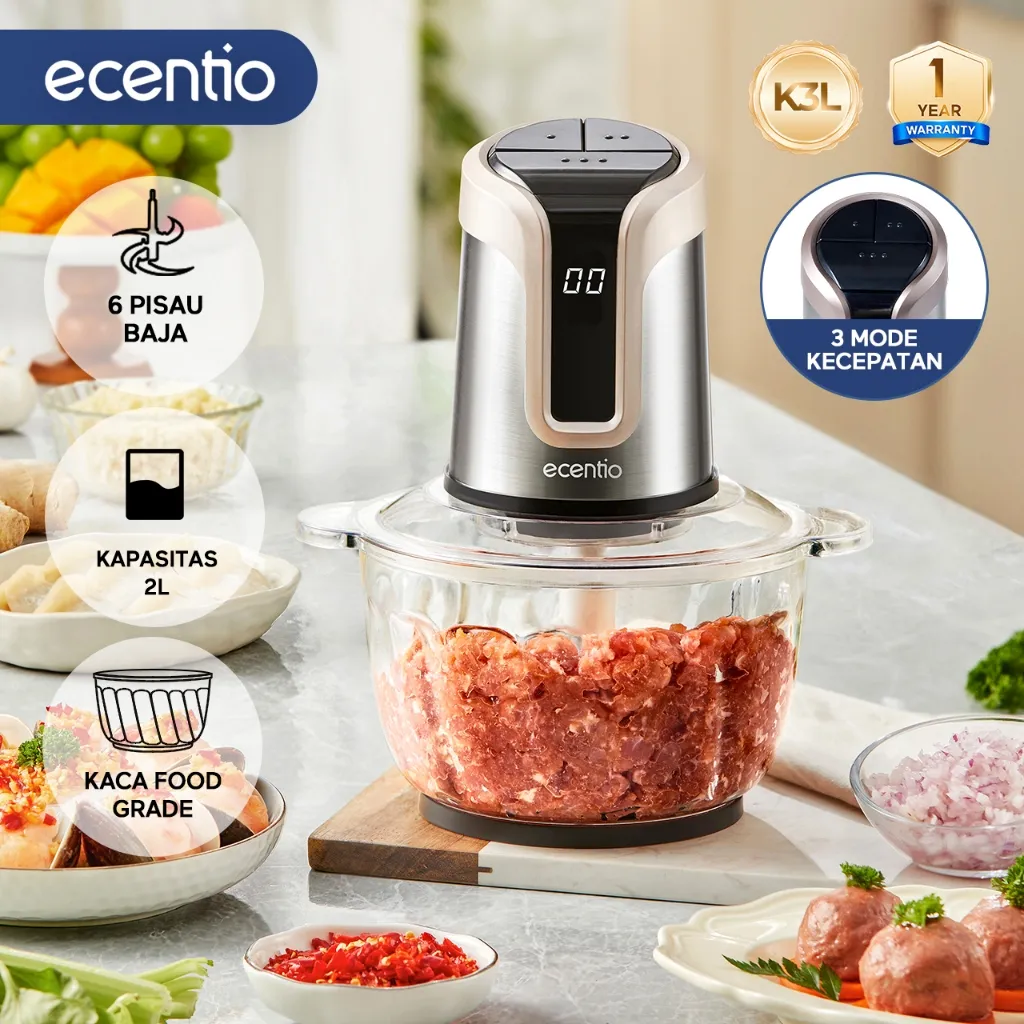ecentio LED Display Penggiling Daging Multifungsi 3 Kecepatan Food Processor 2L 6 Mata Pisau Mesin Giling Daging MPASI & Bumbu Dapur Food Grade