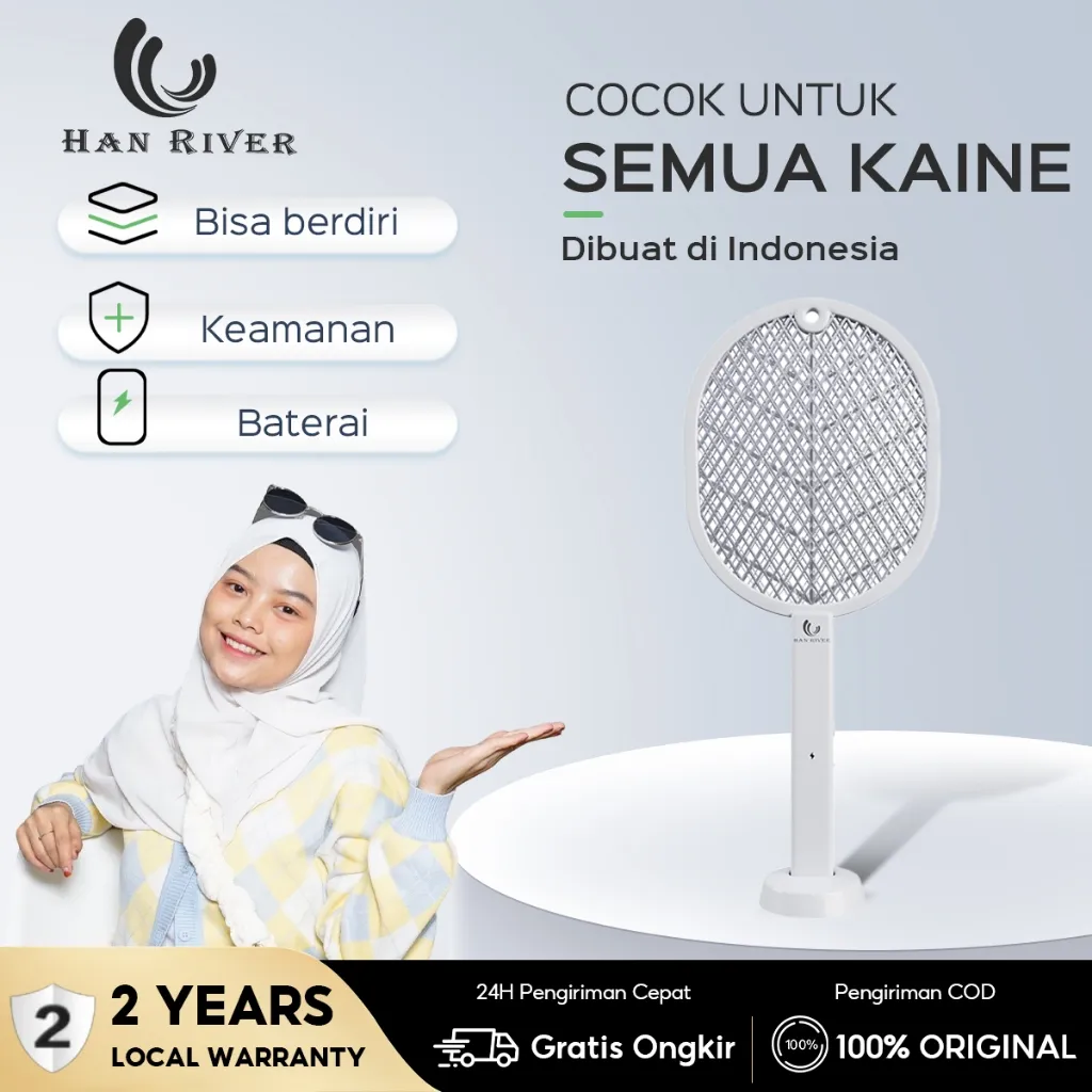 HAN RIVER Raket nyamuk 2 in 1 Mosquito killer HRDWP01WT putih(Dengan basis)