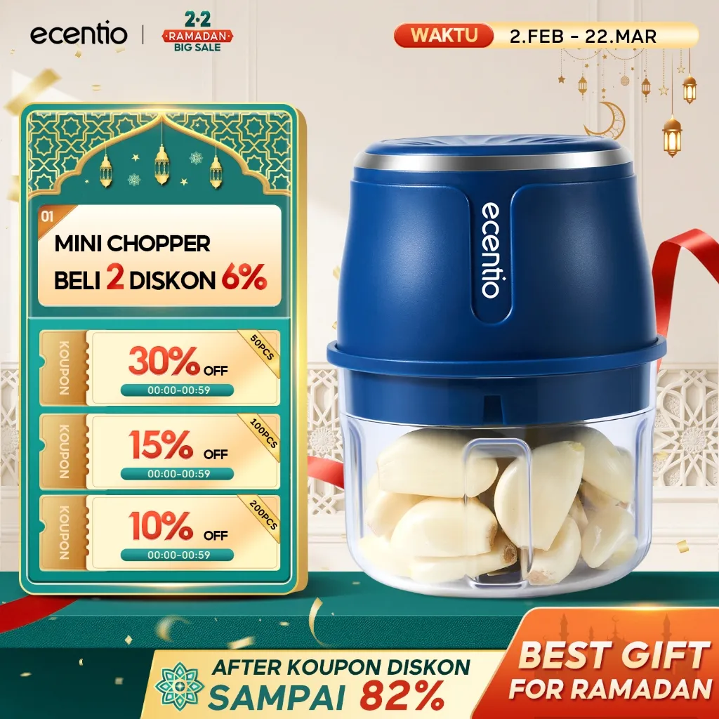 ecentio Mini Chopper Bawang Food Grade Penggiling Daging Multifungsi 250ML 6 Pisau Food Processor Elektrik untuk Bisa Daging & Bumbu