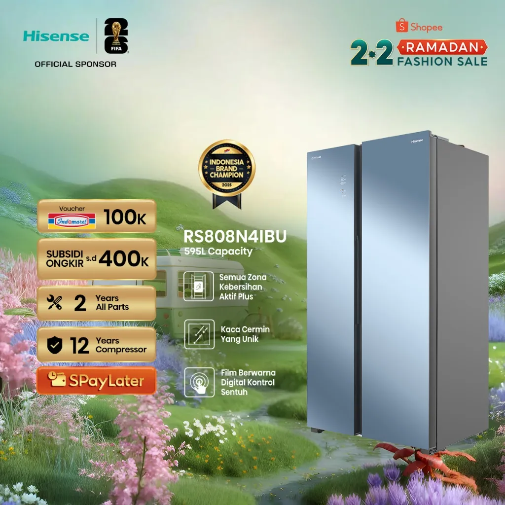 Hisense Kulkas RS808N4IBU Refrigerator Side By Side Kapasitas 666L Warna Bening Inverter Pro Tanpa Bunga Es All Zone Active Hygiene Plus Unique Glass Door Full-Area Cooling Solution Color Film Digital Touch Control Super Freeze
