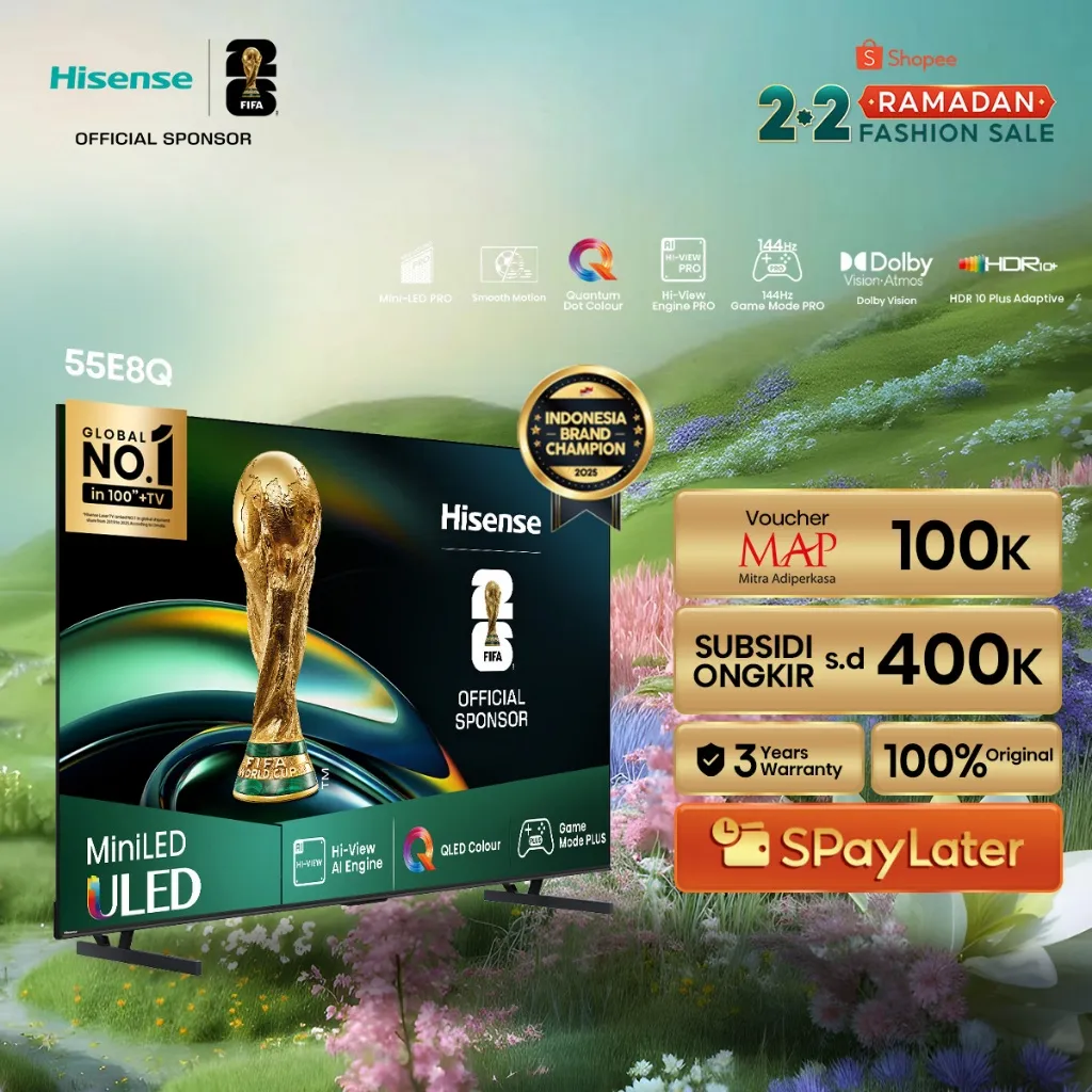 Hisense TV E8Q Vidaa Smart Digital ULED MiniLED 55/65 inch HDR 10+ Adaptive Dolby Vision IQ QLED Colour HI-View AI Engine 144Hz VRR Game Mode Pro Subwoofer Internal Dolby Atmos Garansi Resmi 3 Tahun RAM 3GB ROM 8GB Television