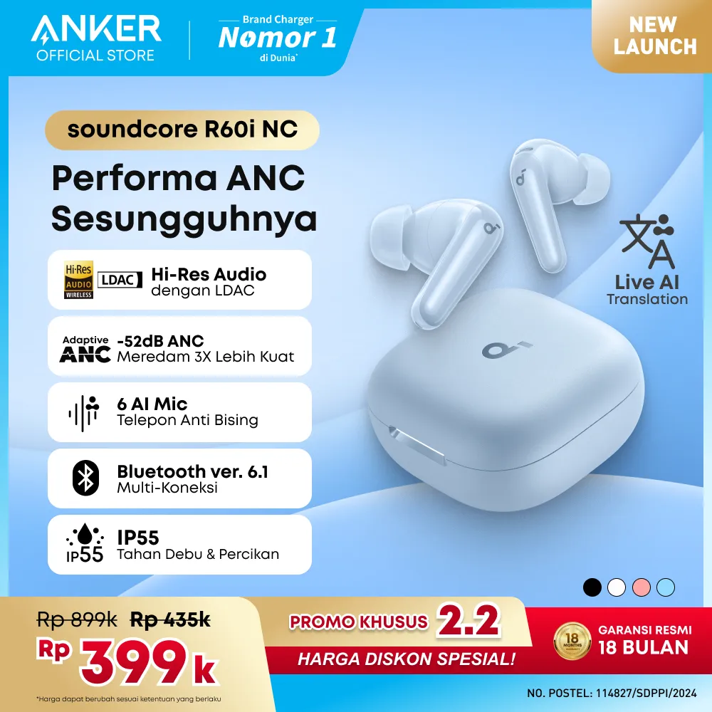 [EXCLUSIVE SHOPEE] Soundcore R60i NC (R50i NC Upgrade) by Anker, Real-Time Adaptive Noise Cancellation, Hi-Res Sound, AI Translation Earbuds, 50H Playtime, Wireless Earbuds, Bluetooth Earphones, Spatial Audio, Fast Charging, IP55 - D1202 Blue