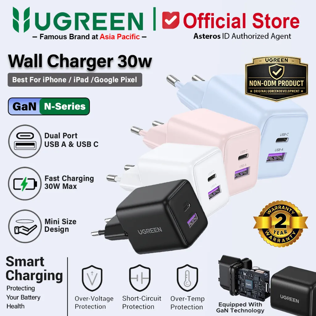 UGREEN Kepala Charger Dual Port USB A + USB Type C Fast Charging 20W 30W 45W
