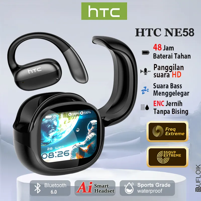 HTC NE58 OWS Terjemahan Earbuds Bluetooth 6.0 LED Multi-function Touchscreen Hi-Fi Sound HD Call Real-time Translation 134 Languages Headphone Olahraga