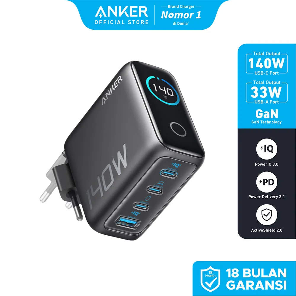 Anker Laptop Charger 140W MAX 4-Port GaN USB C Charger Fast Charging Power Adapter, Intuitive Touch Controls, for MacBook, iPhone 17/16 Series, iPad - A2697