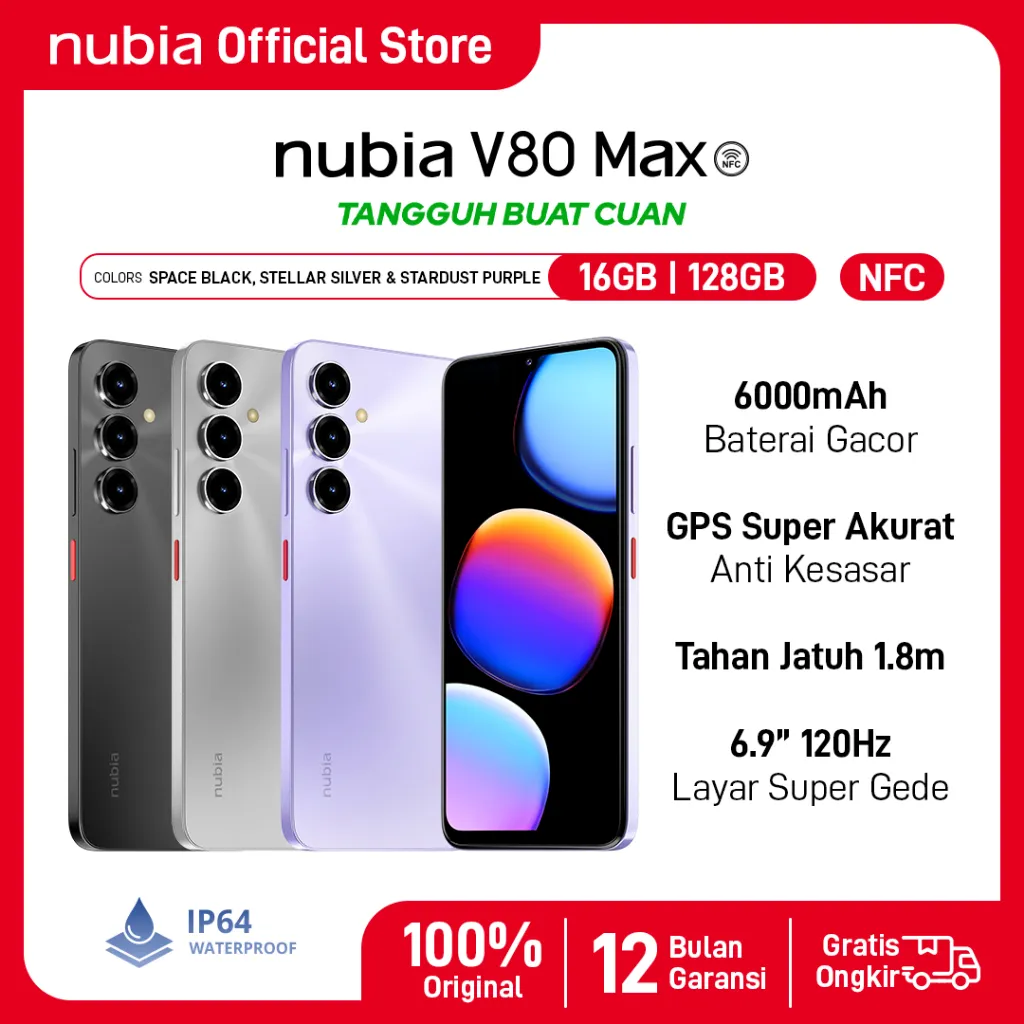 Handphone nubia V80 Max ROM 128 GB RAM 8 GB + 8 GB Smartphone Layar 6.9" HD 120Hz, Baterai 6000mAh Fast Charging GPS Turbo