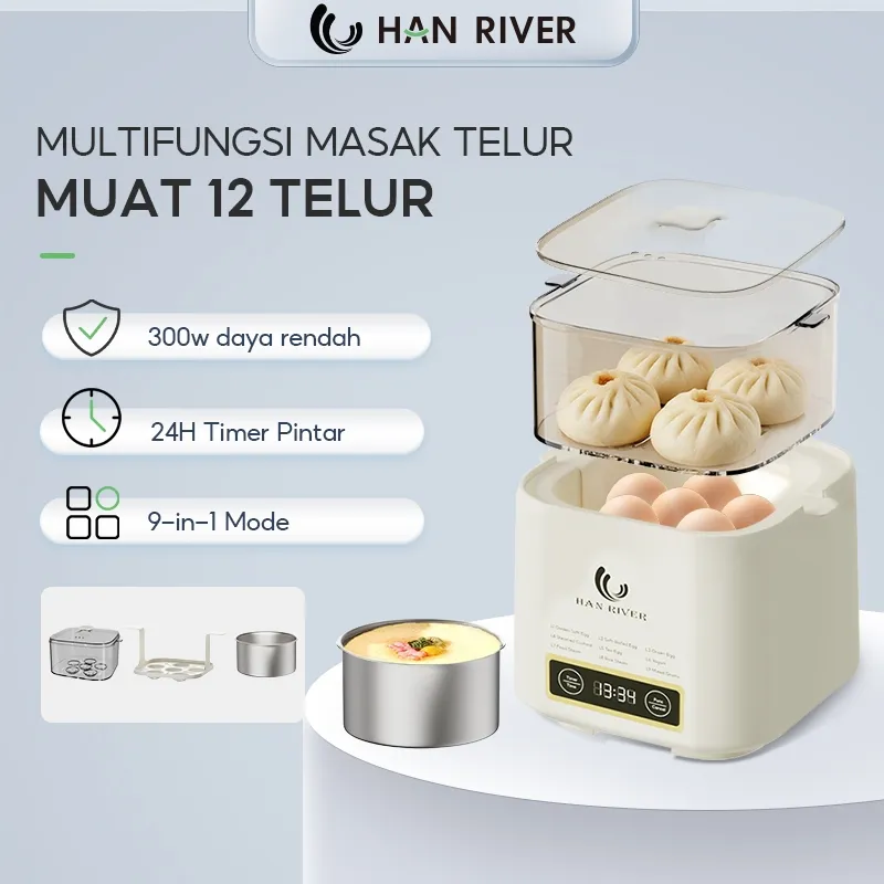 Han River Panci Listrik 9-in-1 Egg Cooker Double Layer 300W Low Watt Multifungsi Steamer & Cup Kukus