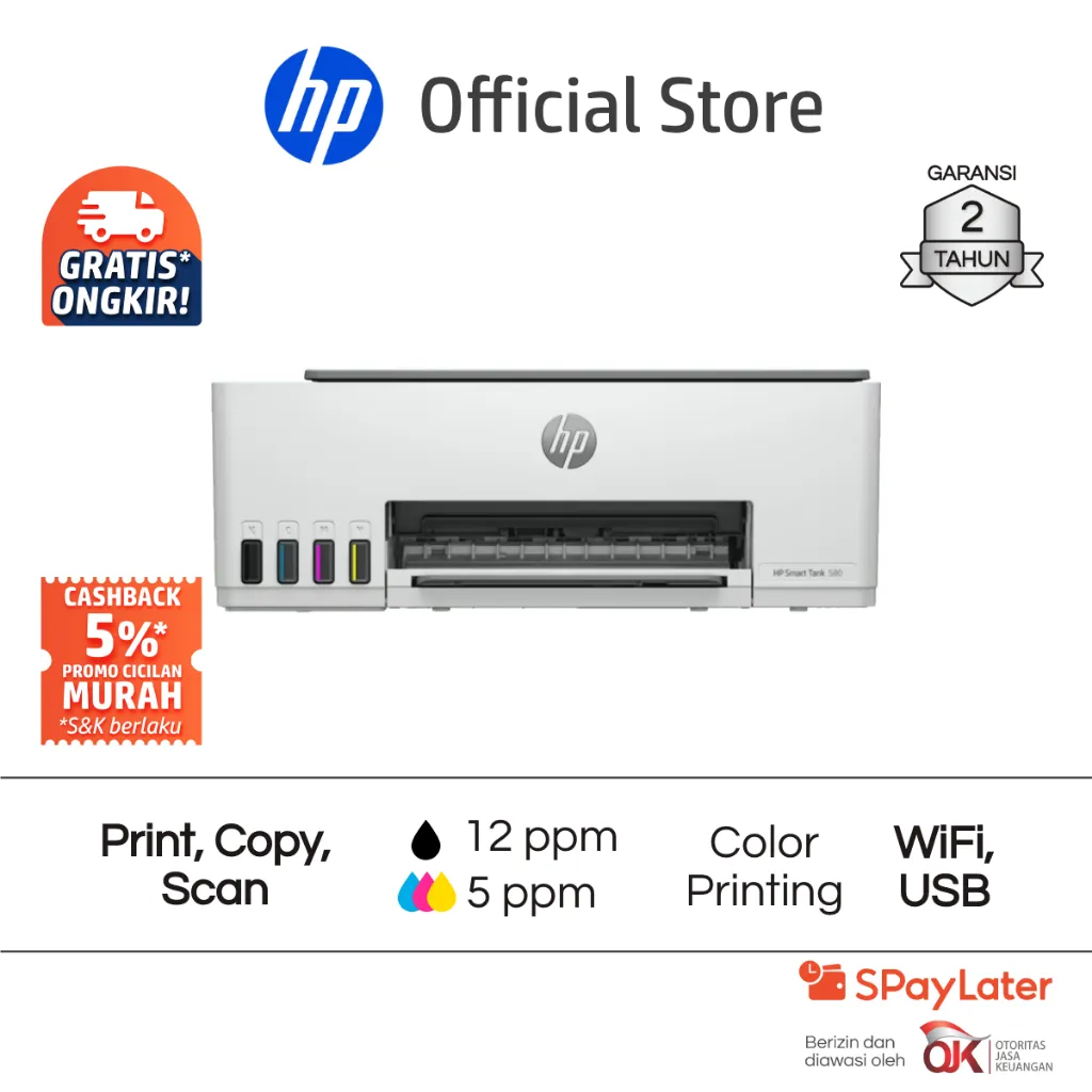 Printer HP Smart Ink Tank 580 / 585 All in One Print Scan Copy Wifi USB Fotocopy Color Colour Warna Garansi Hingga 3 Tahun Promo Murah Gratis Ongkir Official