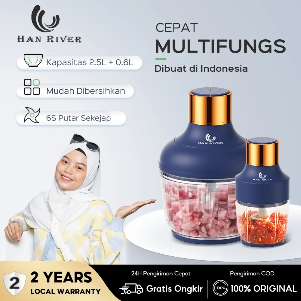HAN RIVER Blender 2.5L+0.6L Dual Cup 3-IN-1 Multifungsi Chopper Daging dan Bumbu Mudah Dibersihkan