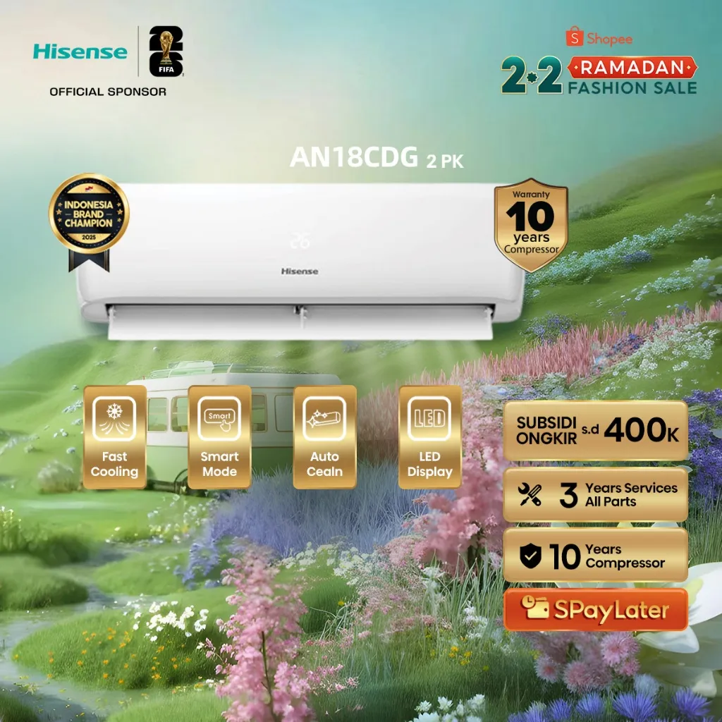 Hisense AC AN18CDG Standard 2 PK Dingin Kilat Cocok Untuk Kamar Tidur Pendinginan Super Cepat 3 Menit Sejuk Auto Clean Anti Bakteri Bisa Mode Tidur Smart LED Air Conditioner (Indoor & Outdoor Unit Only)
