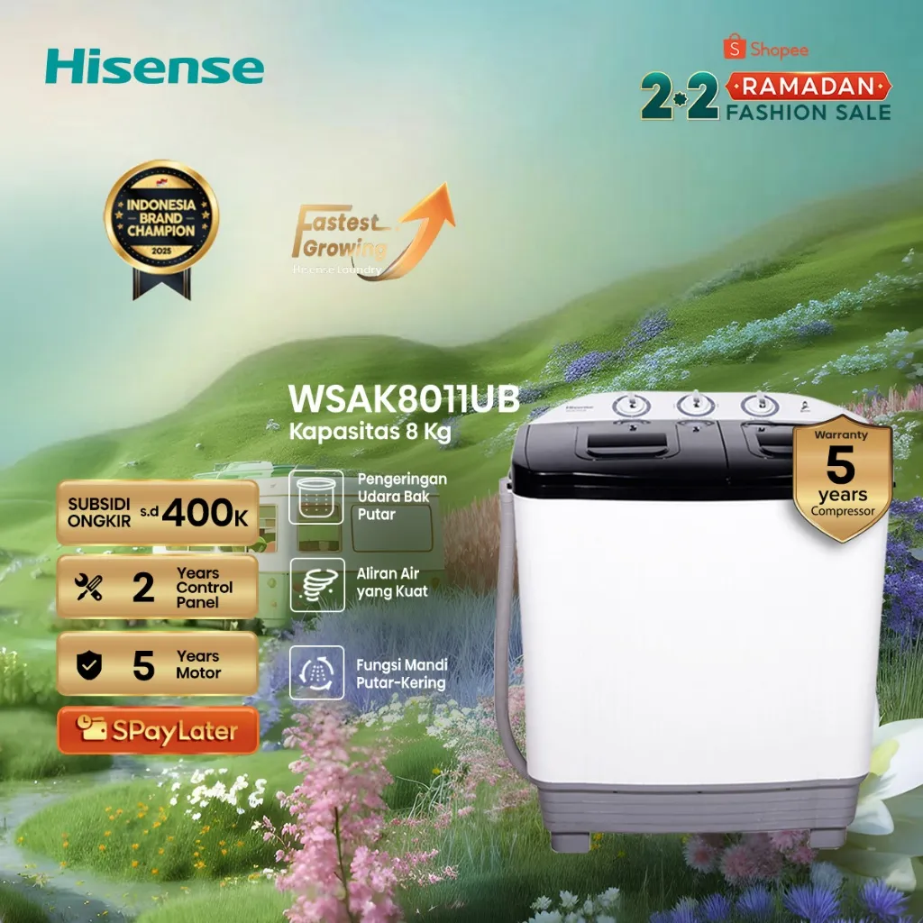 Hisense Mesin Cuci WSAK8011UB Top Loading Twintube Kapasitas 8KG 2 Tabung Bukaan Atas Pengeringan Udara Bak Putar Aliran Air Kuat Fungsi Mandi Putar Kering Magic Filter User Friendly Washing Machine