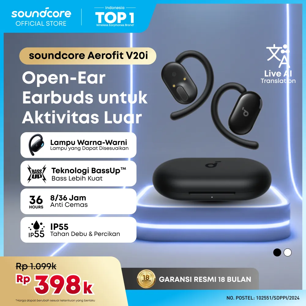 Soundcore by Anker AeroFit V20i OWS Open-Ear Headphones Adjustable Ear Hooks Ultra-Comfort Snug Fit Powerful Sound Clear Calls IP55 LED Lights 36H Playtime Bluetooth 5.4 Earbuds Multipoint Connection - A3876
